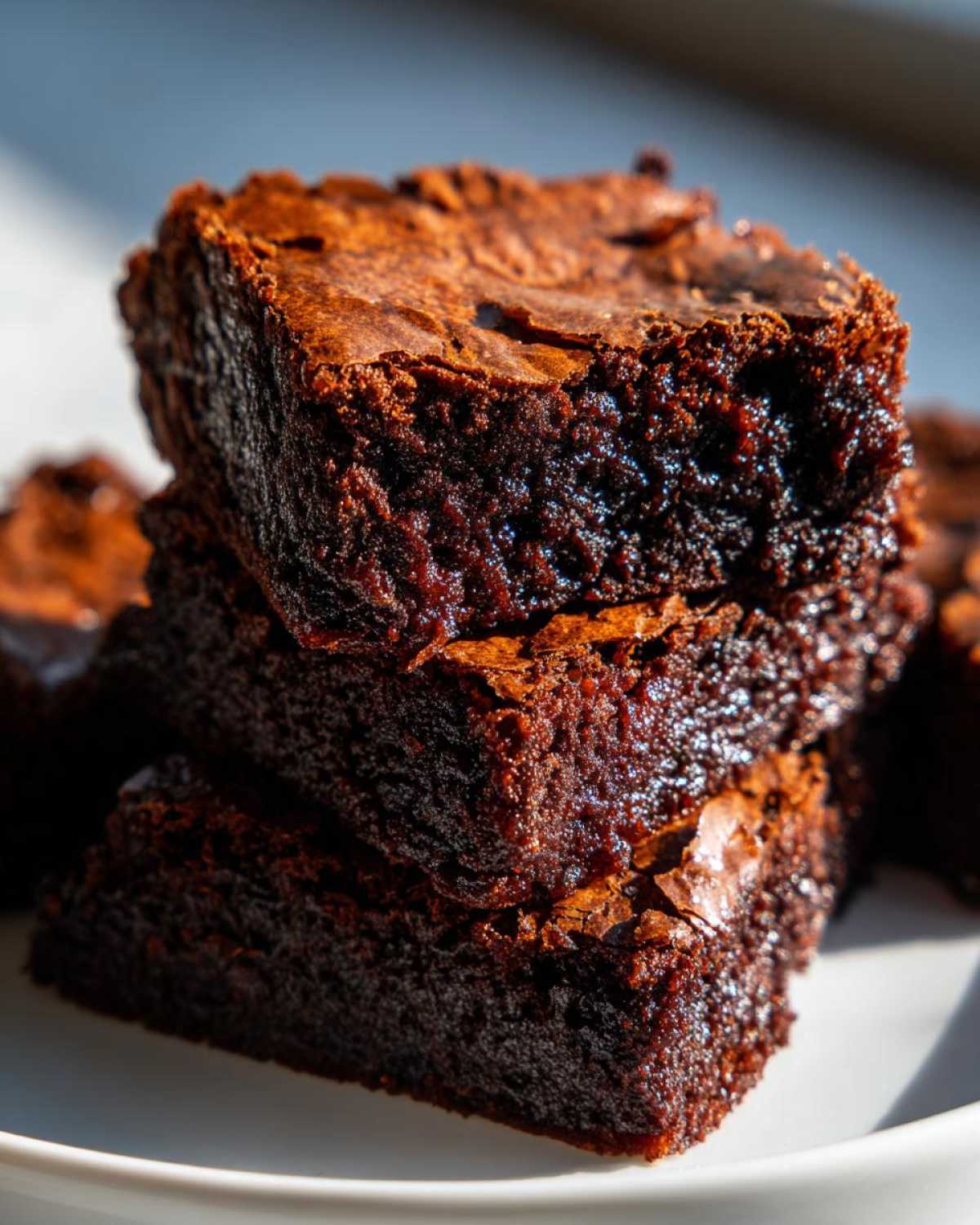 Close-up of a stack of three fudgy brownies showing their shiny, crackly tops and dense interior.