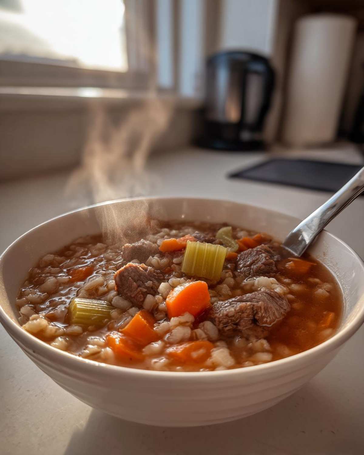 A steaming white bowl filled with rich beef barley soup, showing chunks of beef, carrots, and celery.
