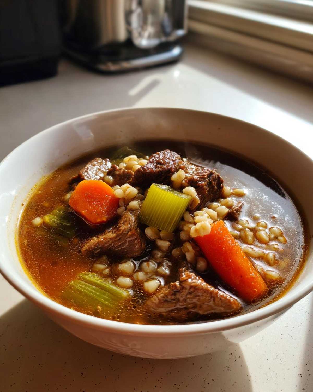 Close-up of a steaming white bowl filled with rich beef barley soup, featuring chunks of beef, carrots, and celery.