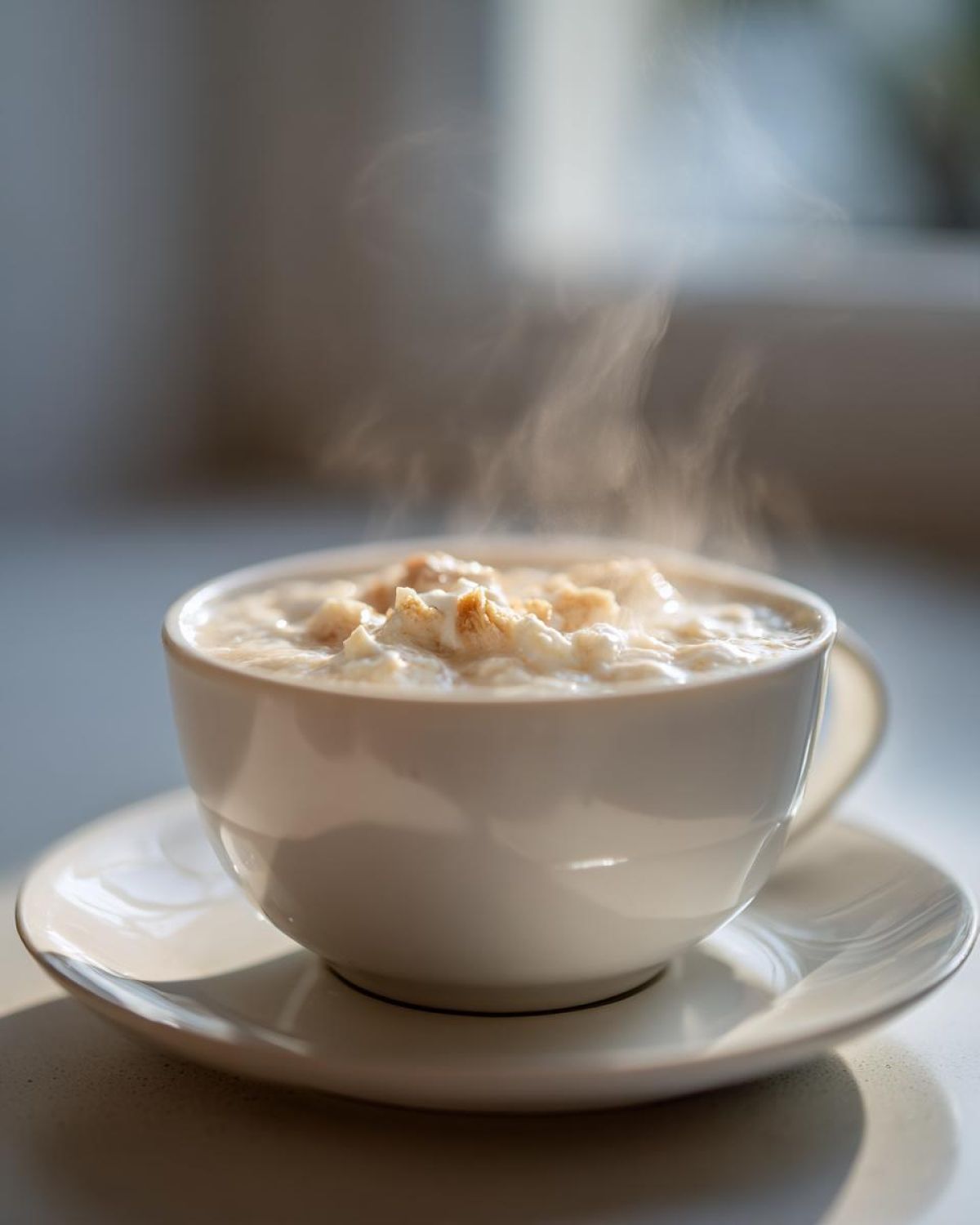 A close-up of steaming homemade cream of chicken soup served in a white cup and saucer, topped with croutons.