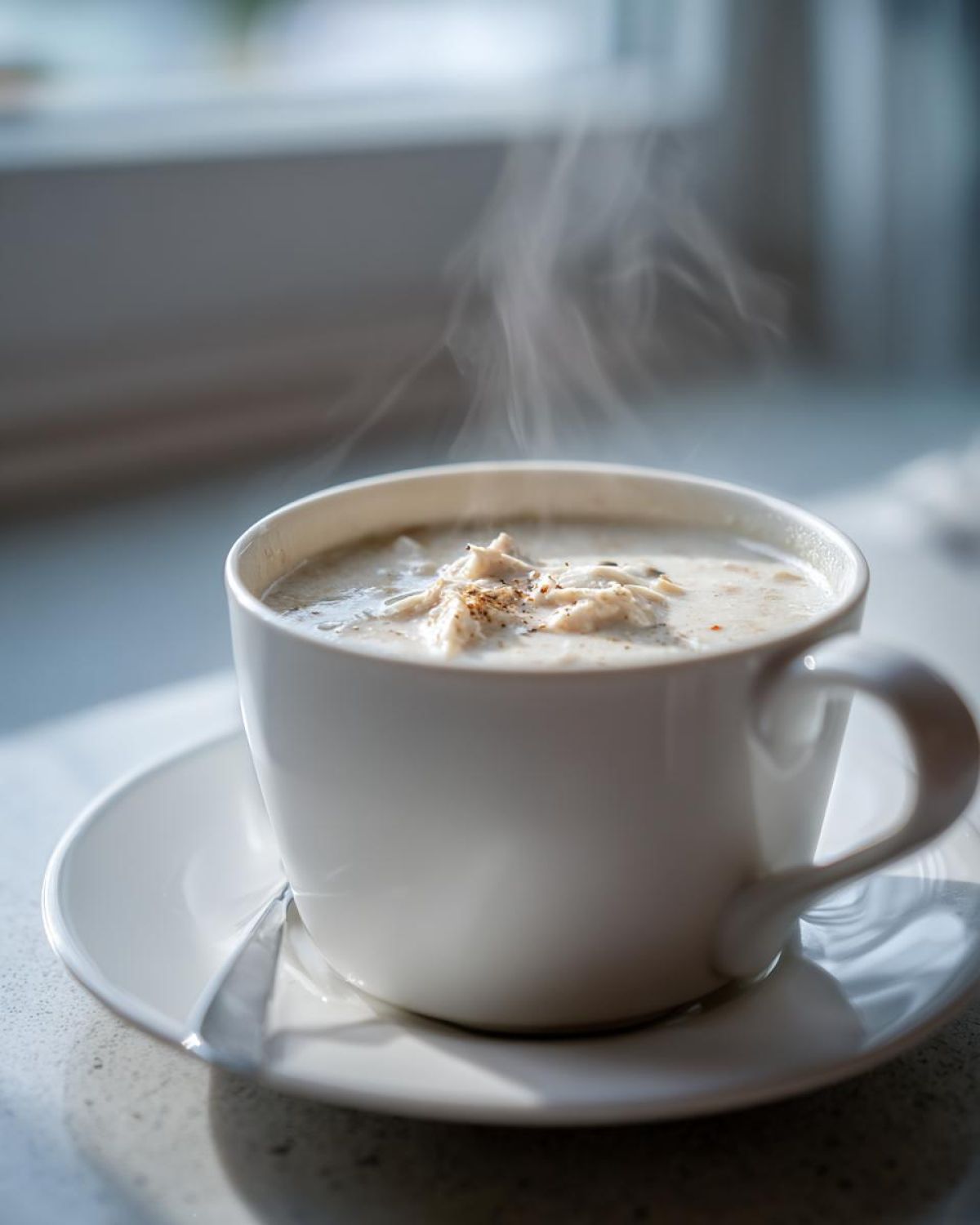 A steaming white mug filled with rich homemade cream of chicken soup, topped with shredded chicken and pepper.