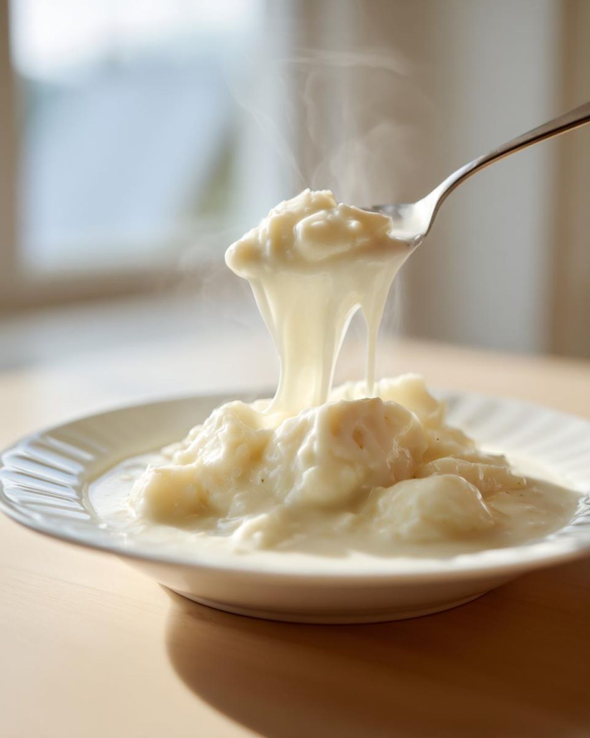 A spoonful of thick, creamy homemade cream of chicken soup, showing steam rising from the hot dish.