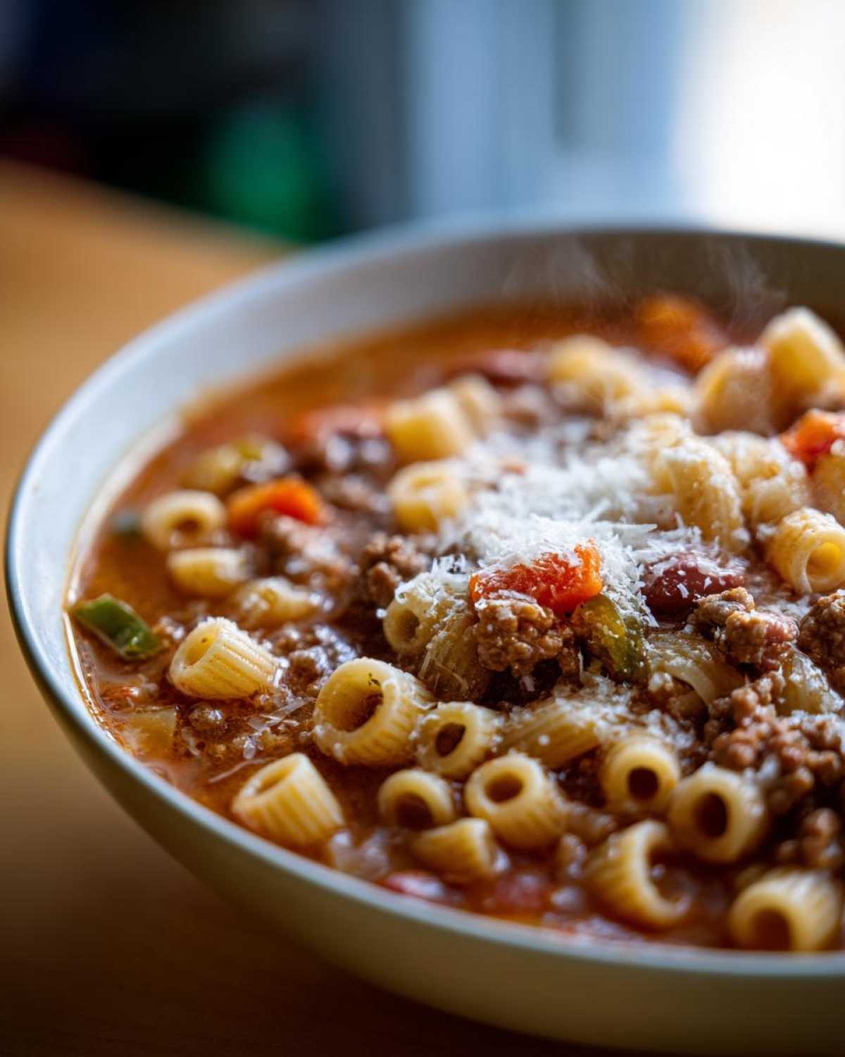 Close-up of a steaming bowl of rich pasta e fagioli soup topped with grated Parmesan cheese.