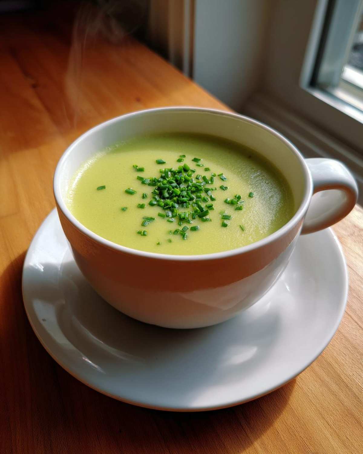 A steaming white mug filled with creamy green potato leek soup, garnished with fresh chopped chives.