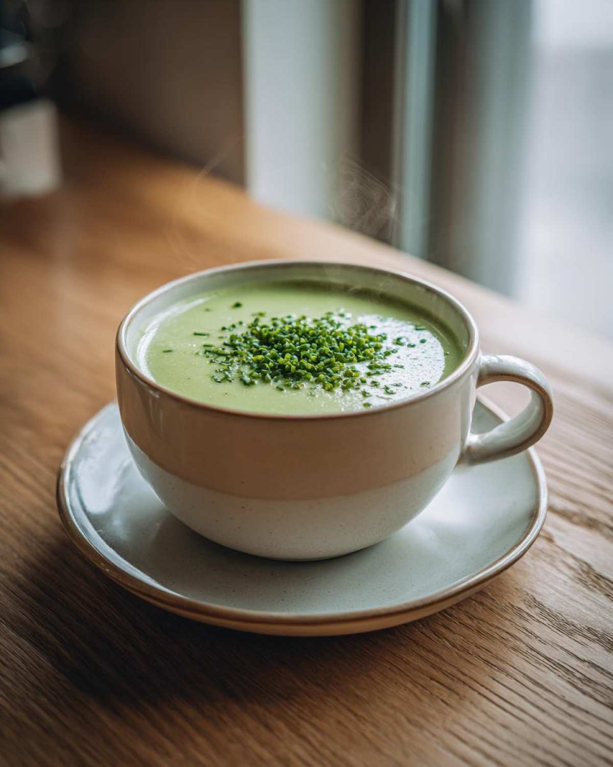 A steaming bowl of creamy green potato leek soup topped with fresh chopped chives, sitting on a saucer.