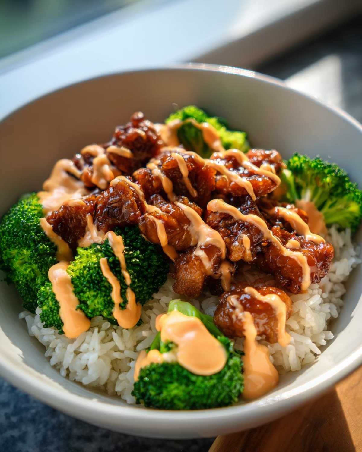 Close-up of a sticky chicken rice bowl topped with bright green broccoli florets and drizzled with a creamy orange sauce.