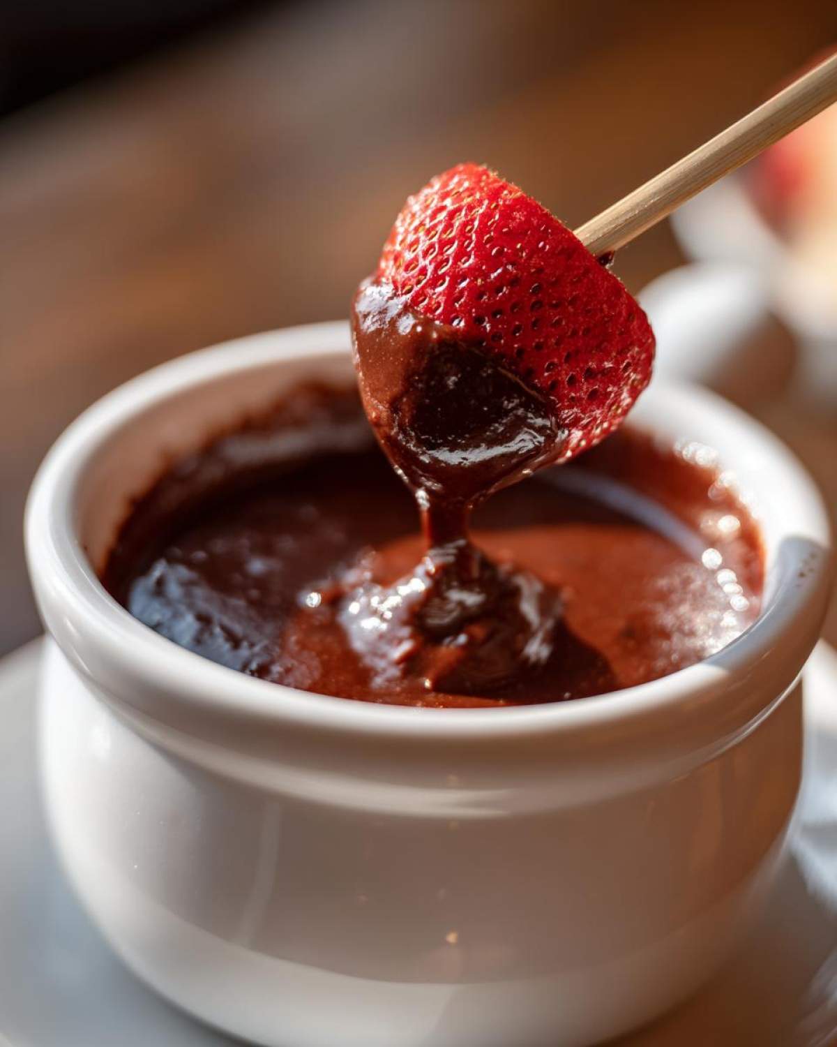 A fresh strawberry being dipped into a white bowl of rich, melted chocolate fondue using a wooden skewer.