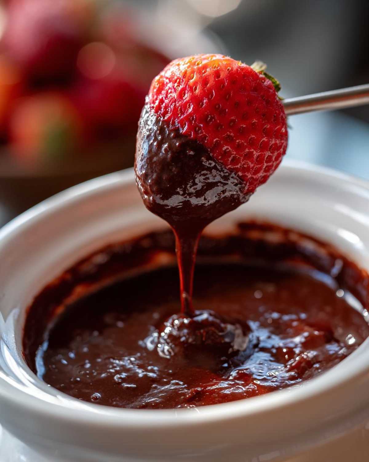 A fresh strawberry being dipped into rich, melted chocolate fondue using a fondue fork.