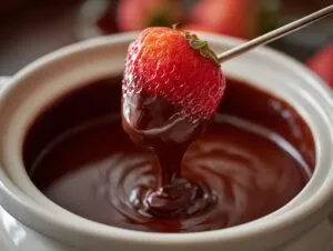 A fresh strawberry being dipped into a pot of smooth, melted chocolate fondue using a fondue fork.