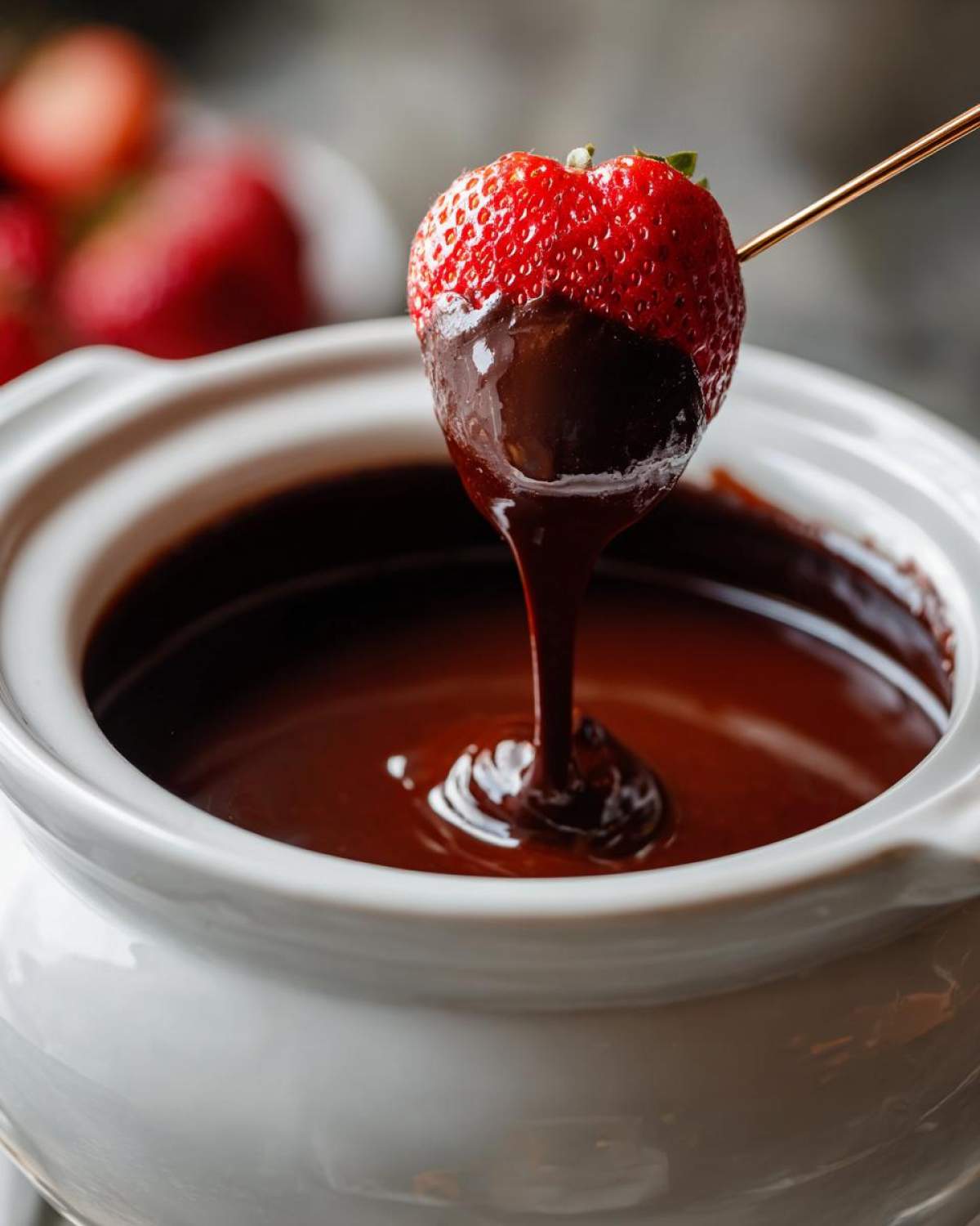 A fresh strawberry being dipped into a white pot of smooth, melted chocolate fondue.