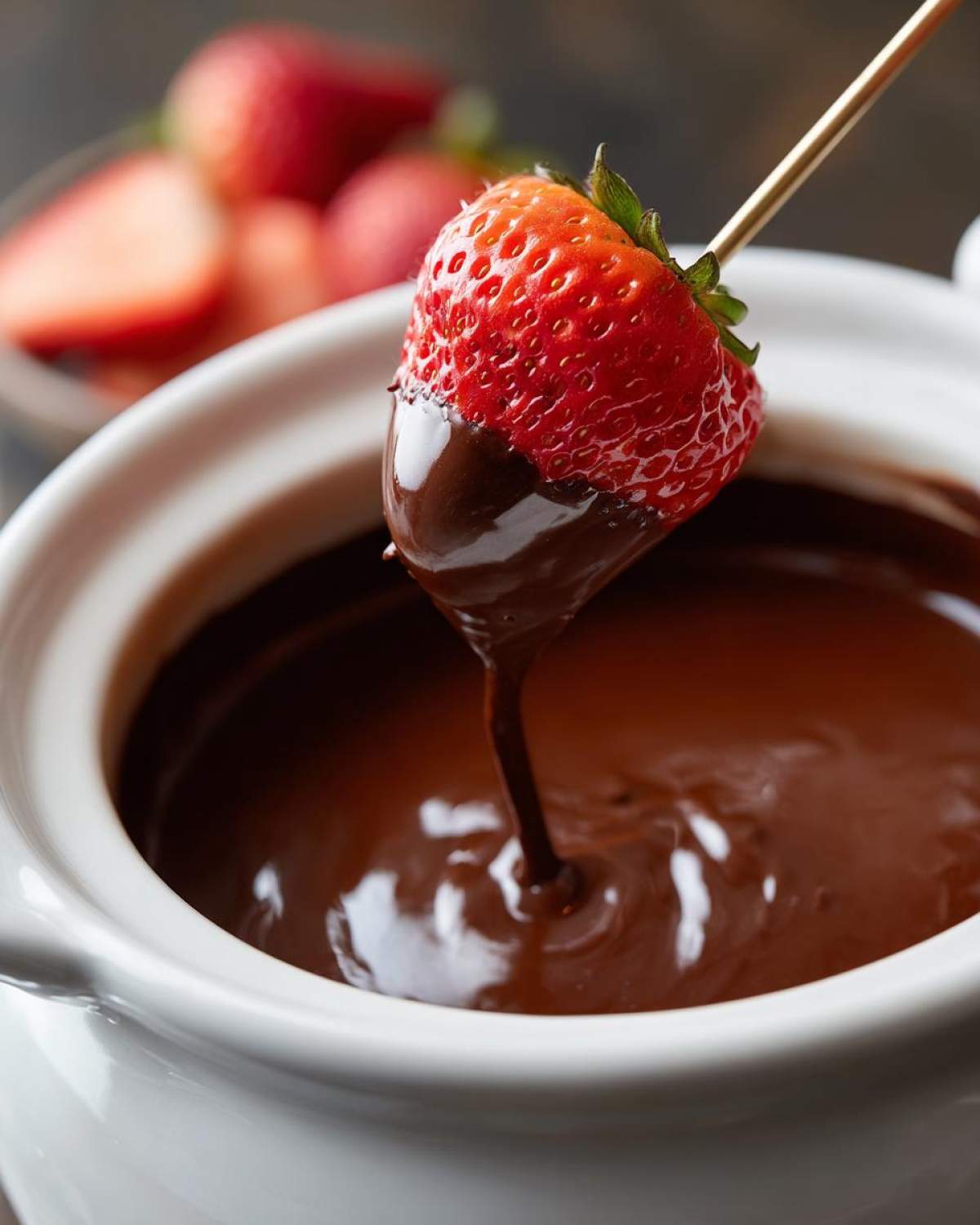 A fresh strawberry on a skewer being dipped into a pot of smooth, melted chocolate fondue.