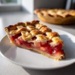 A close-up of a slice of strawberry rhubarb pie featuring a glistening red filling and a golden lattice crust sprinkled with sugar.