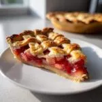 A close-up of a slice of strawberry rhubarb pie featuring a glistening red filling and a golden lattice crust sprinkled with sugar.