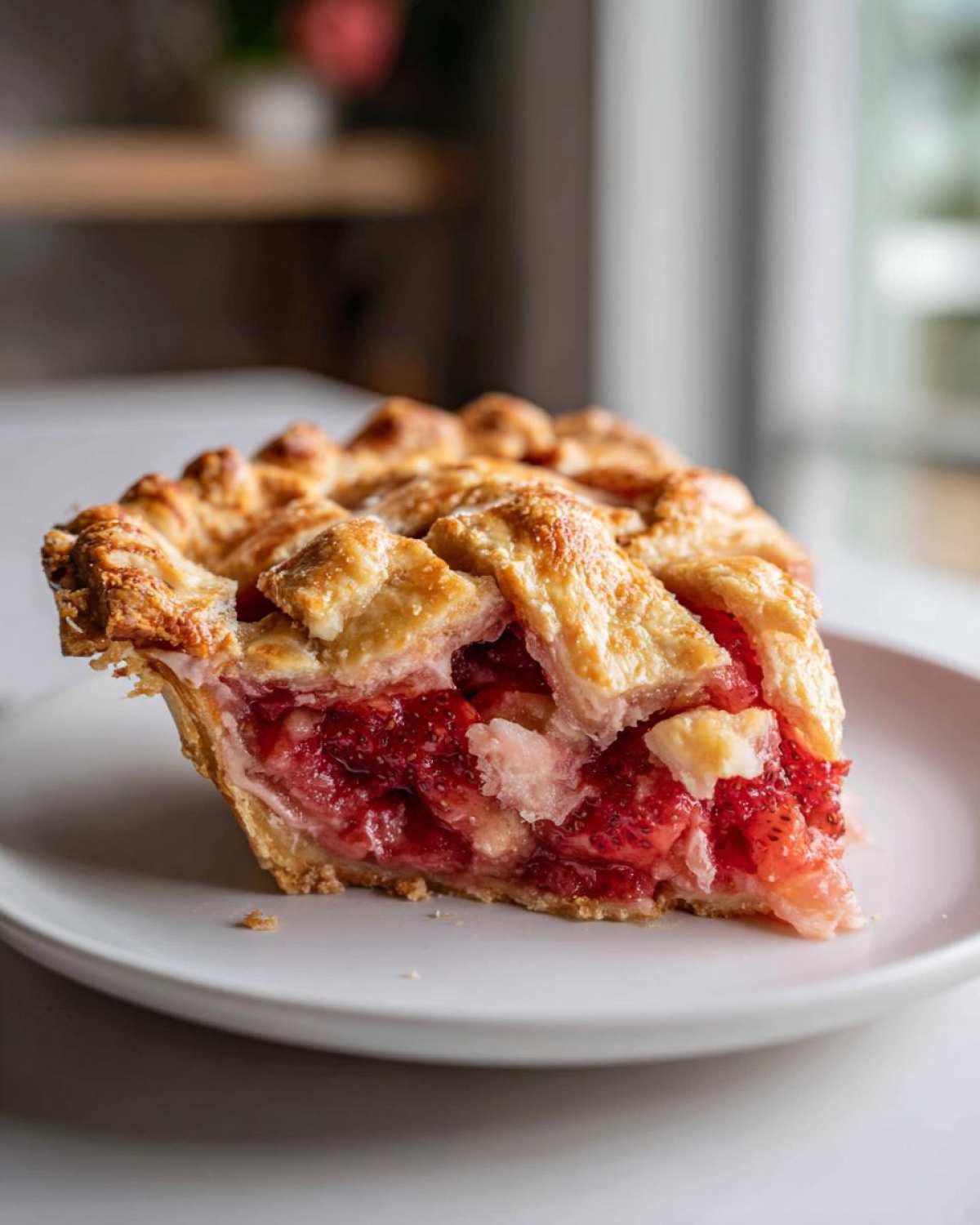 Close-up of a slice of strawberry rhubarb pie showing the red filling and golden lattice crust on a white plate.