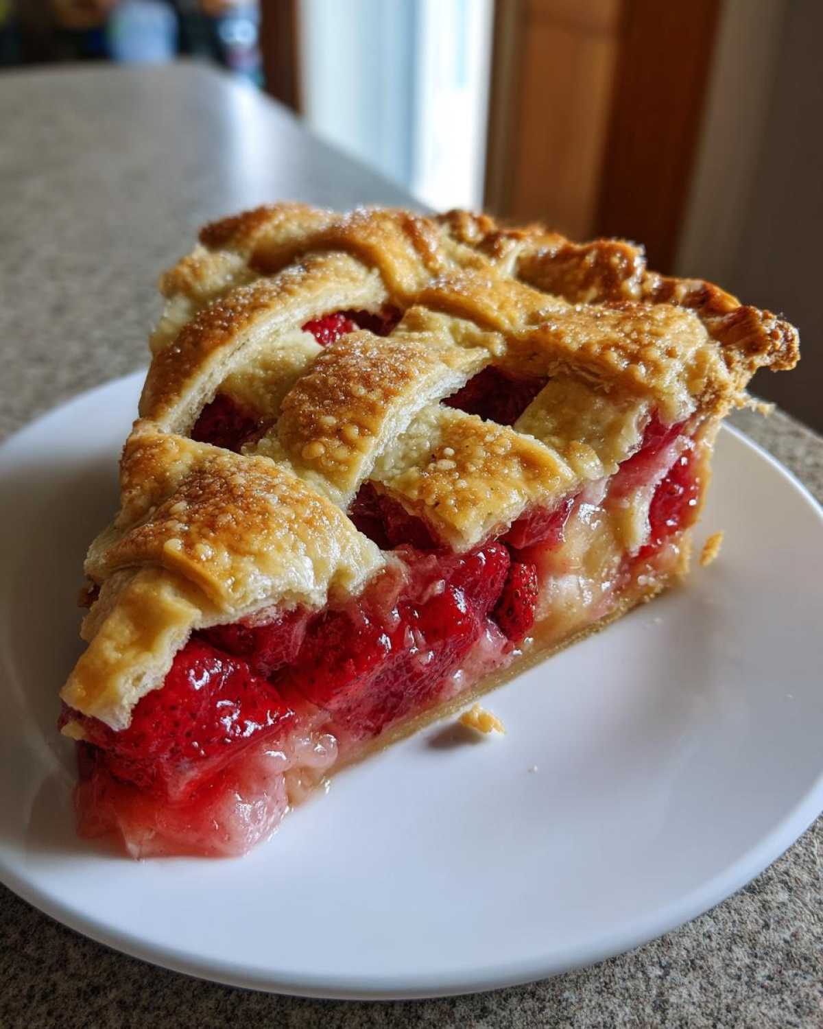 A close-up of a generous slice of strawberry rhubarb pie featuring a golden lattice crust and bright red filling.