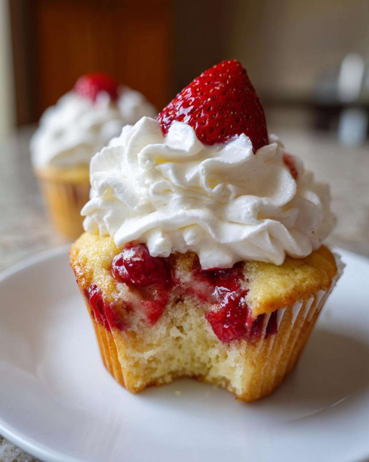 Close-up of a strawberry shortcake cupcake with a bite taken out, showing strawberry filling and topped with whipped cream and a fresh strawberry.