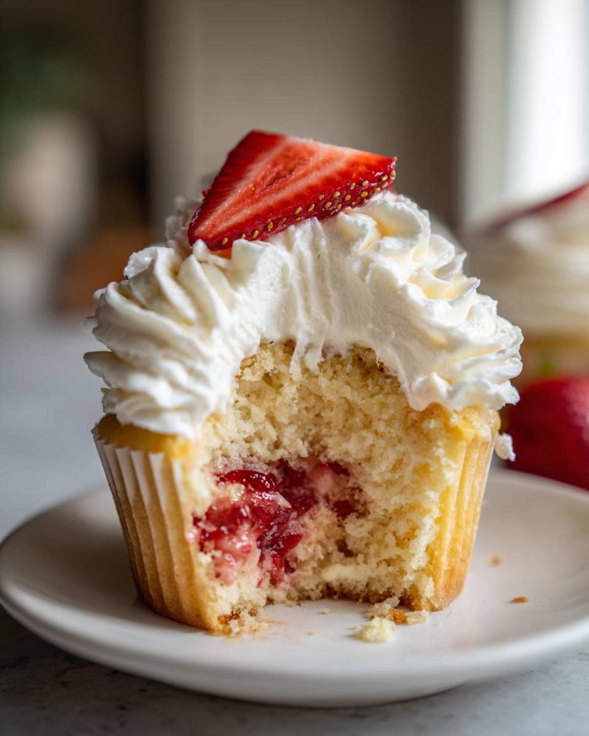Close-up of a strawberry shortcake cupcakes with a bite taken out, revealing jam filling and whipped cream topping.