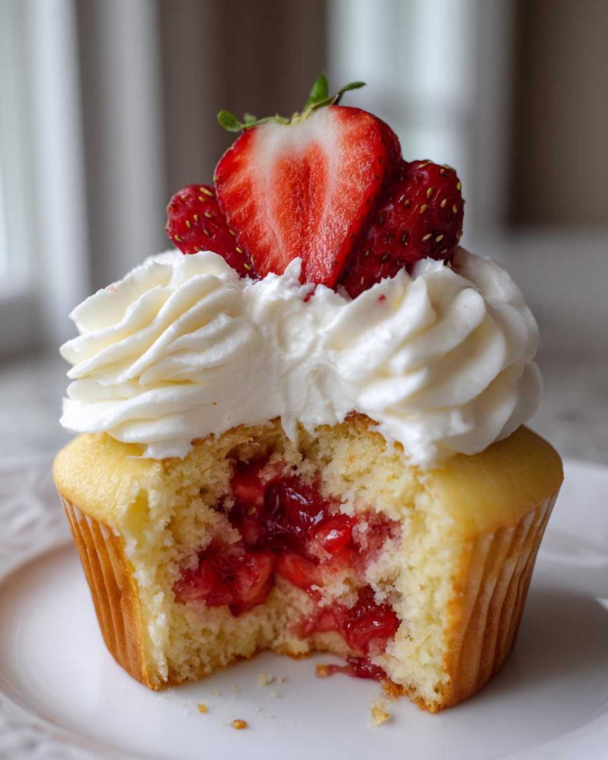 A cross-section view of a strawberry shortcake cupcakes showing the moist cake, strawberry filling, and whipped cream topping.