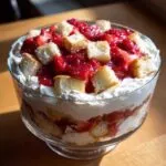 Close-up of a delicious strawberry shortcake trifle layered with whipped cream, macerated strawberries, and pound cake cubes.