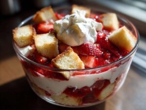 Close-up of a layered strawberry shortcake trifle featuring cake cubes, macerated strawberries, cream, and whipped topping.
