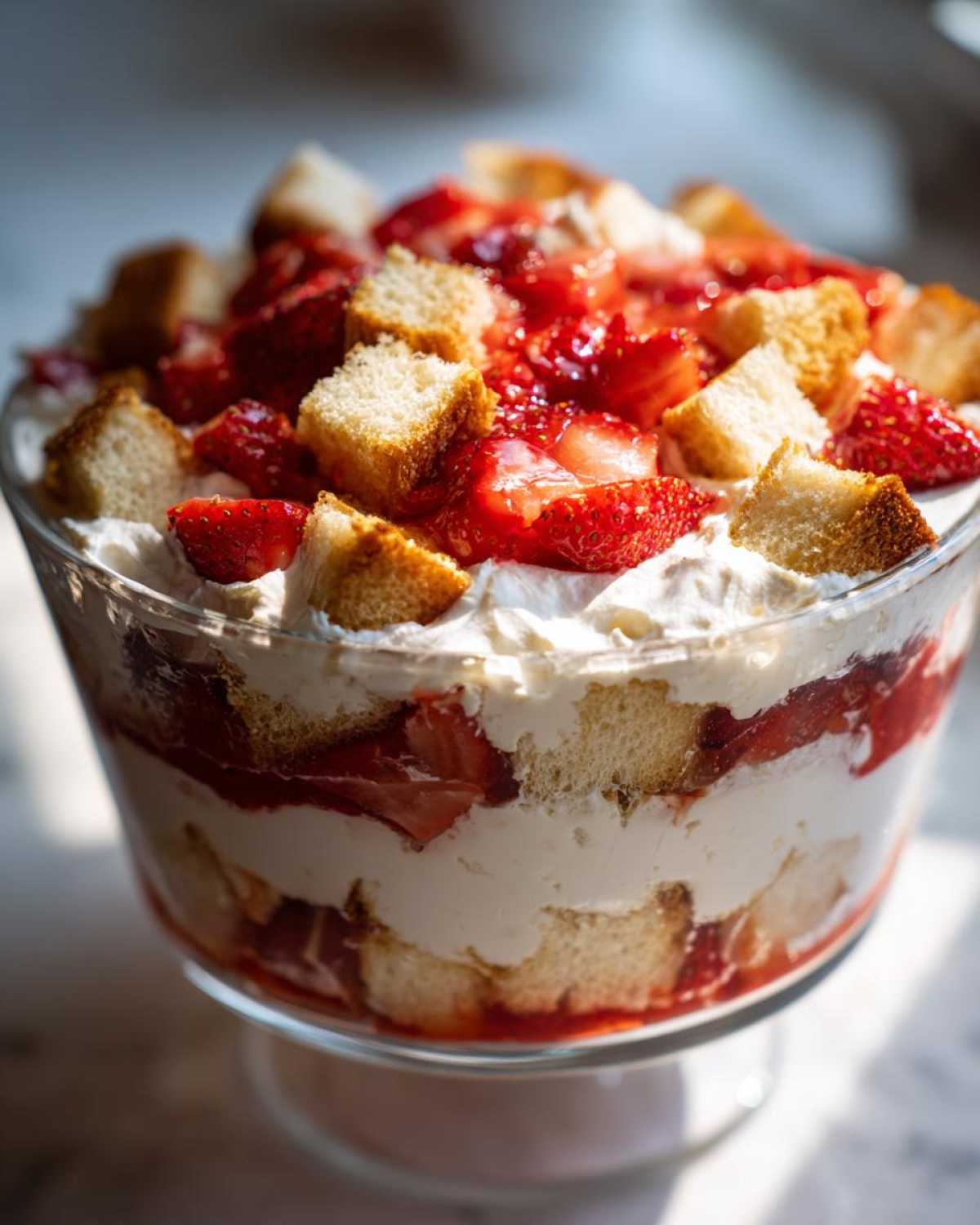 Close-up of a layered strawberry shortcake trifle in a glass bowl, featuring whipped cream, macerated strawberries, and pound cake cubes.