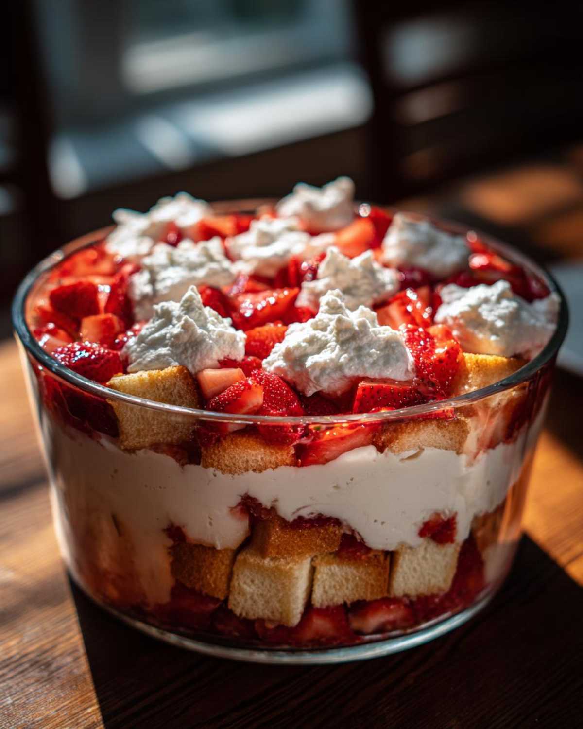 A clear glass bowl filled with layers of strawberry shortcake trifle, featuring cake cubes, cream, and fresh strawberries topped with whipped cream.