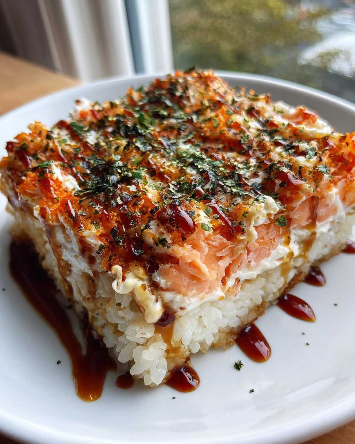 A square serving of baked salmon sushi bake casserole topped with sauce and seaweed.