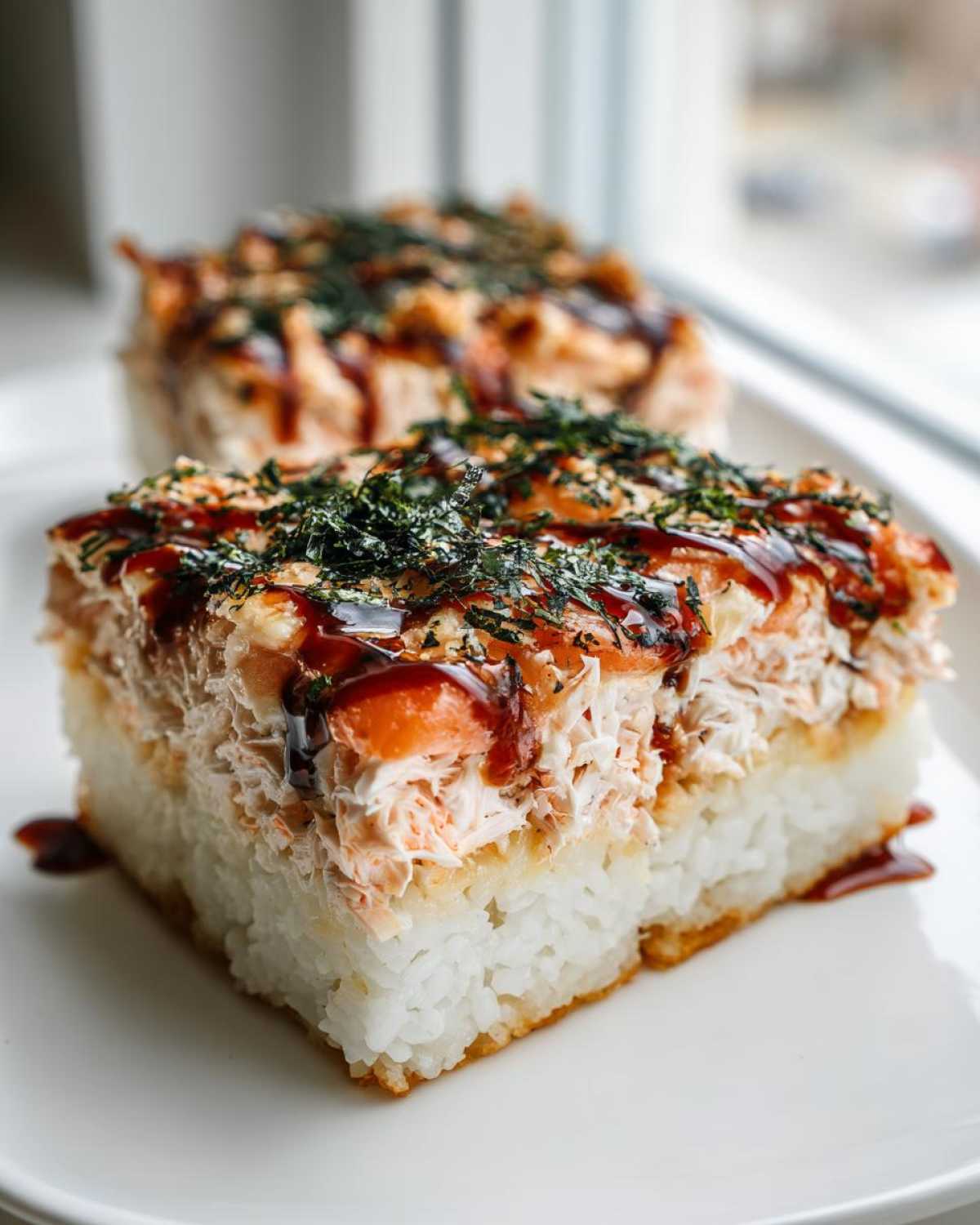Close-up of a square serving of sushi bake casserole with creamy topping, drizzled with sauce and nori.