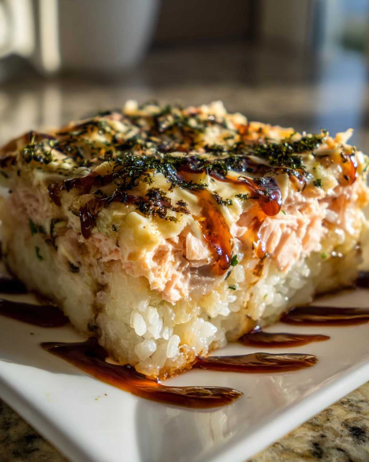 A close-up shot of a perfectly cut slice of sushi bake casserole showing layers of rice, salmon, and creamy topping.