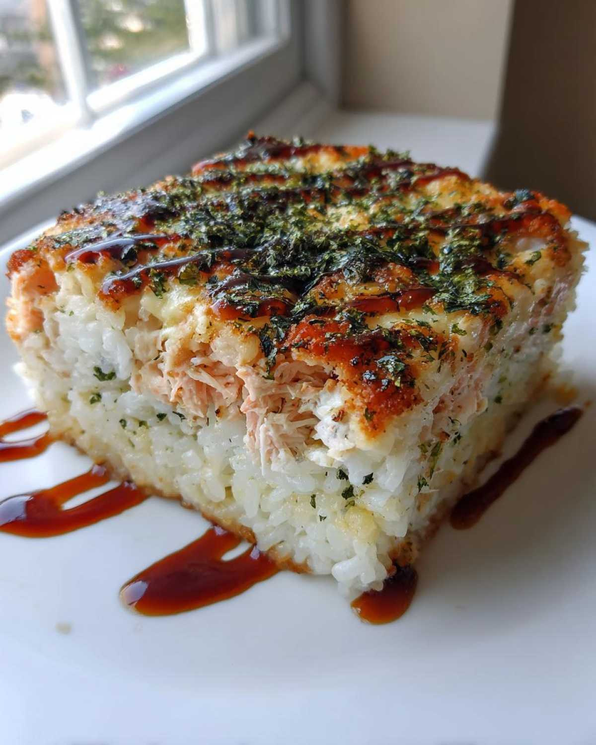 A square slice of baked sushi bake casserole with layers of rice and salmon, topped with sauce and seaweed.