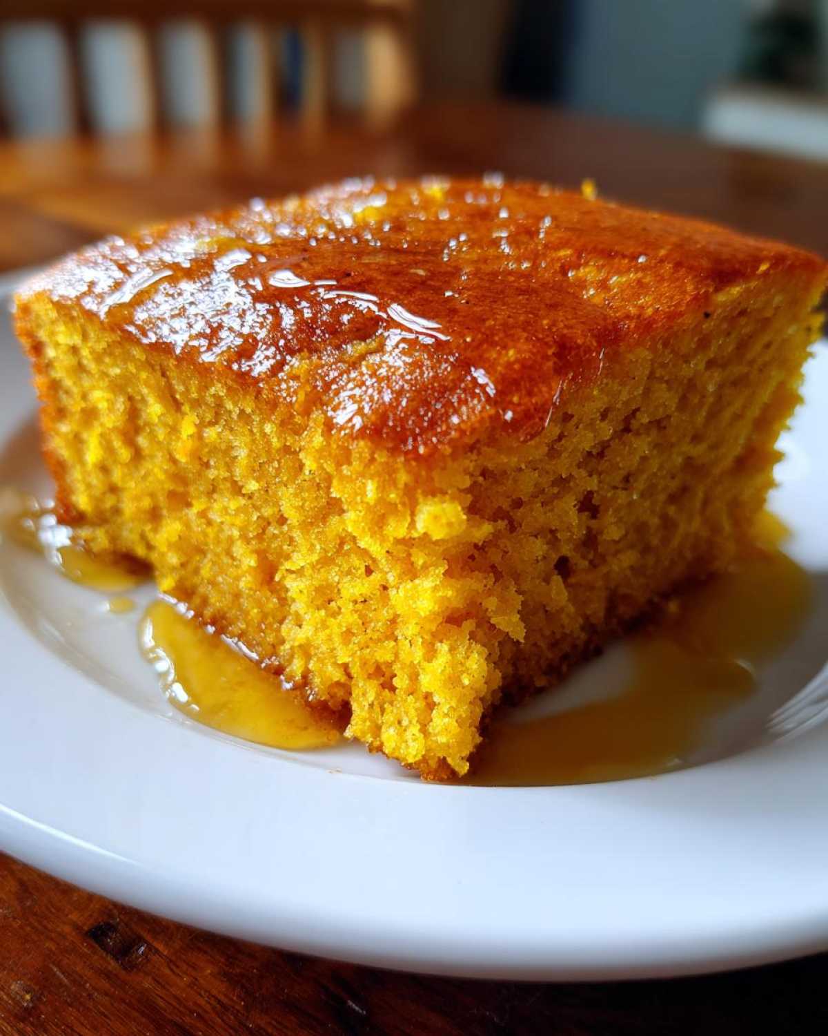 Close-up of a vibrant orange slice of sweet potato cornbread drizzled generously with honey on a white plate.