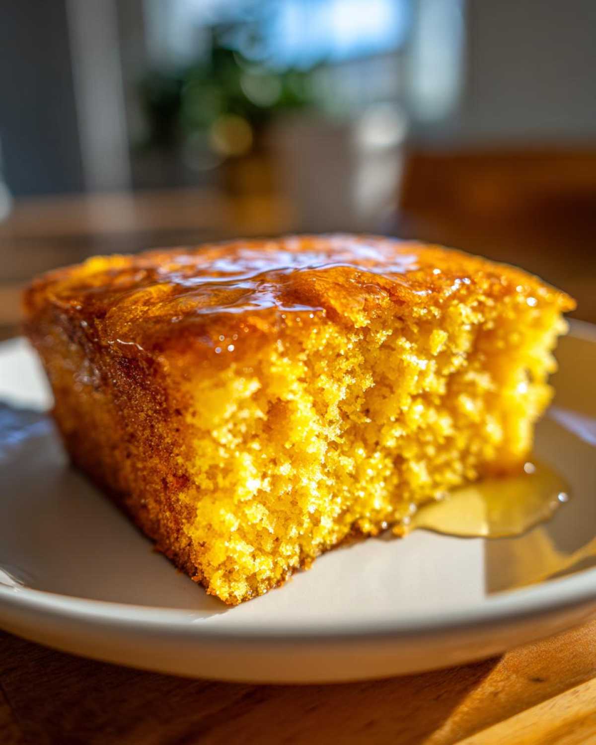 Close-up of a square slice of bright orange sweet potato cornbread drizzled with honey on a white plate.