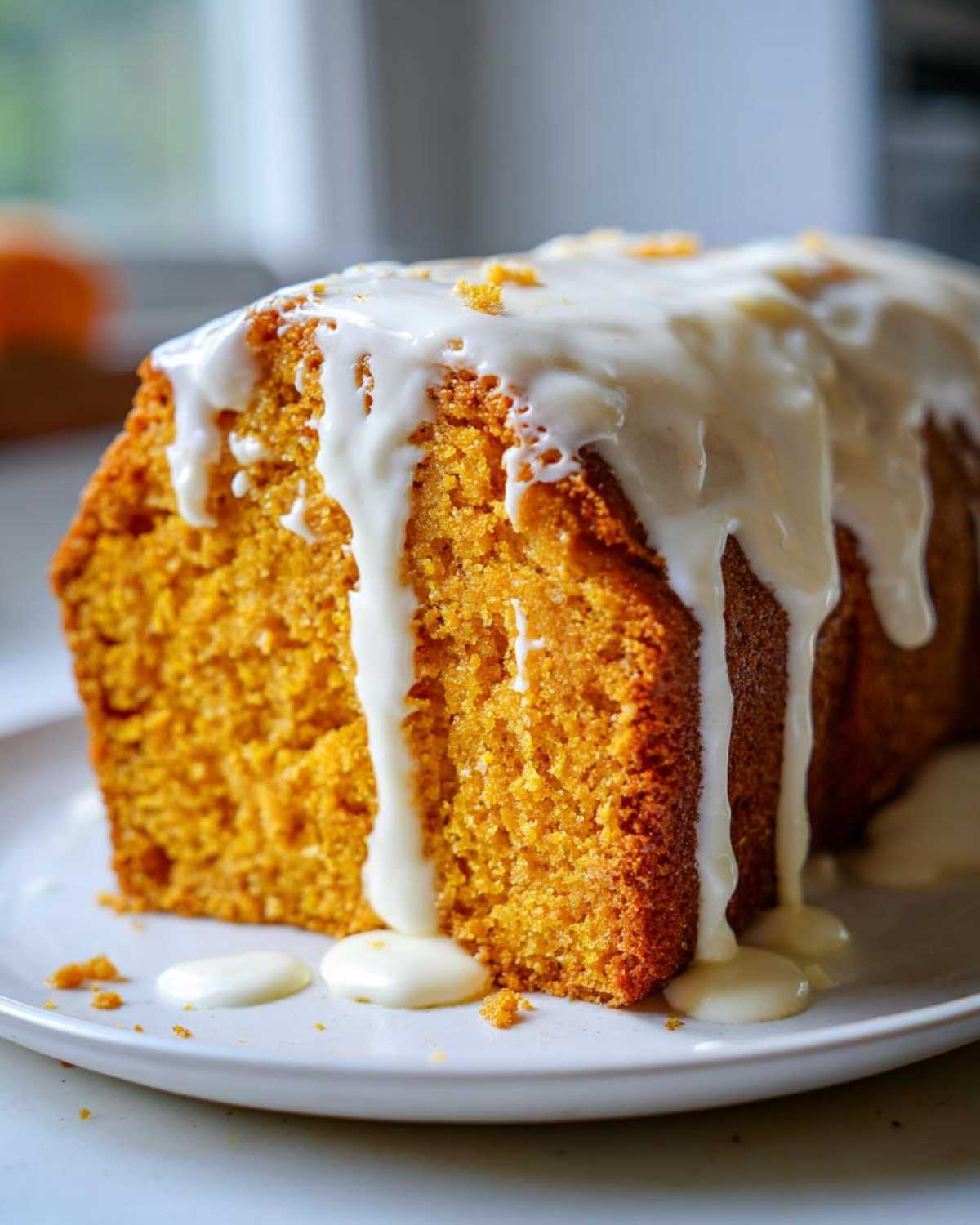 A close-up of a slice of moist sweet potato pound cake topped with thick, dripping white glaze.