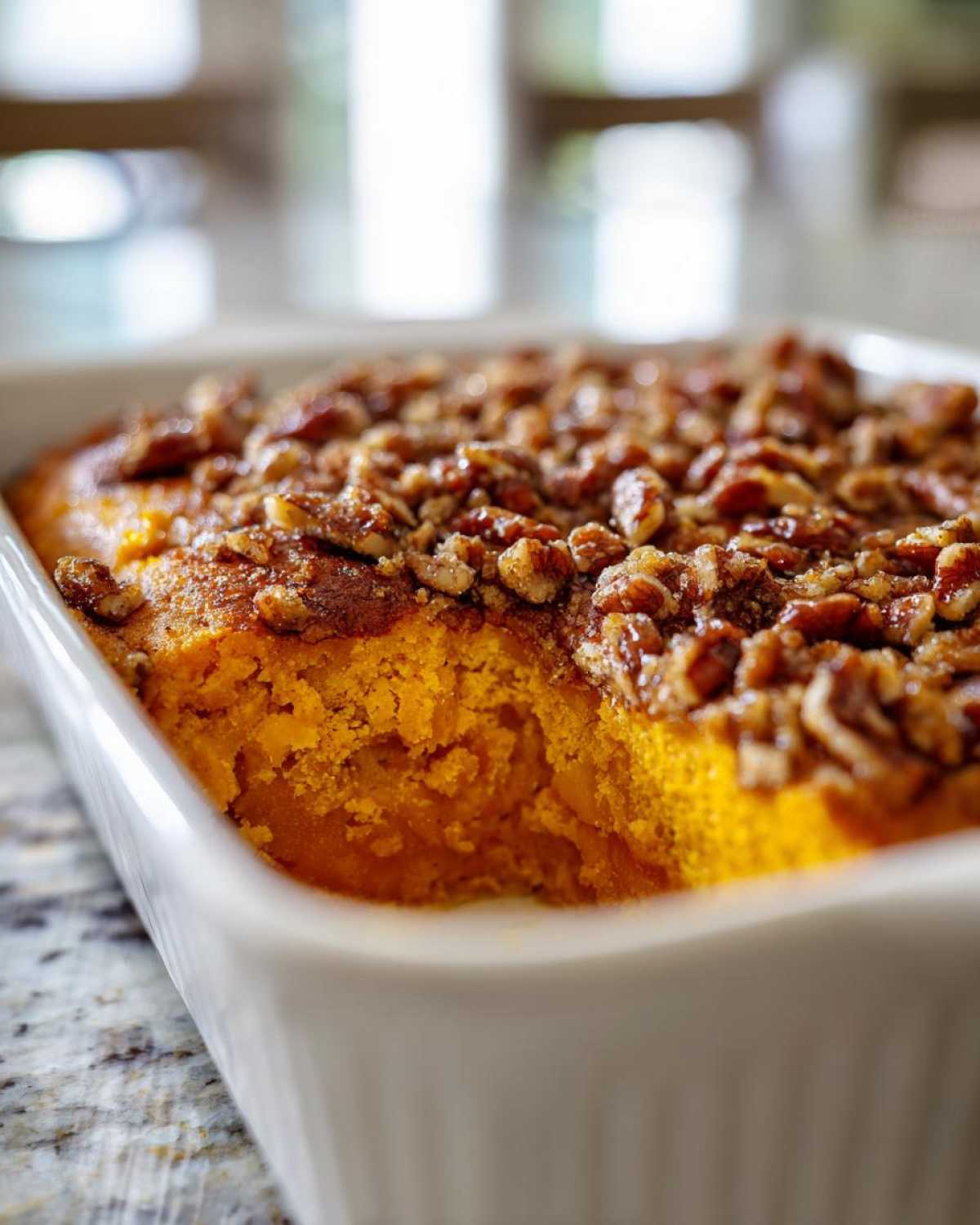 A close-up of a bright orange sweet potato souffle in a white baking dish, topped with a rich pecan crumble.