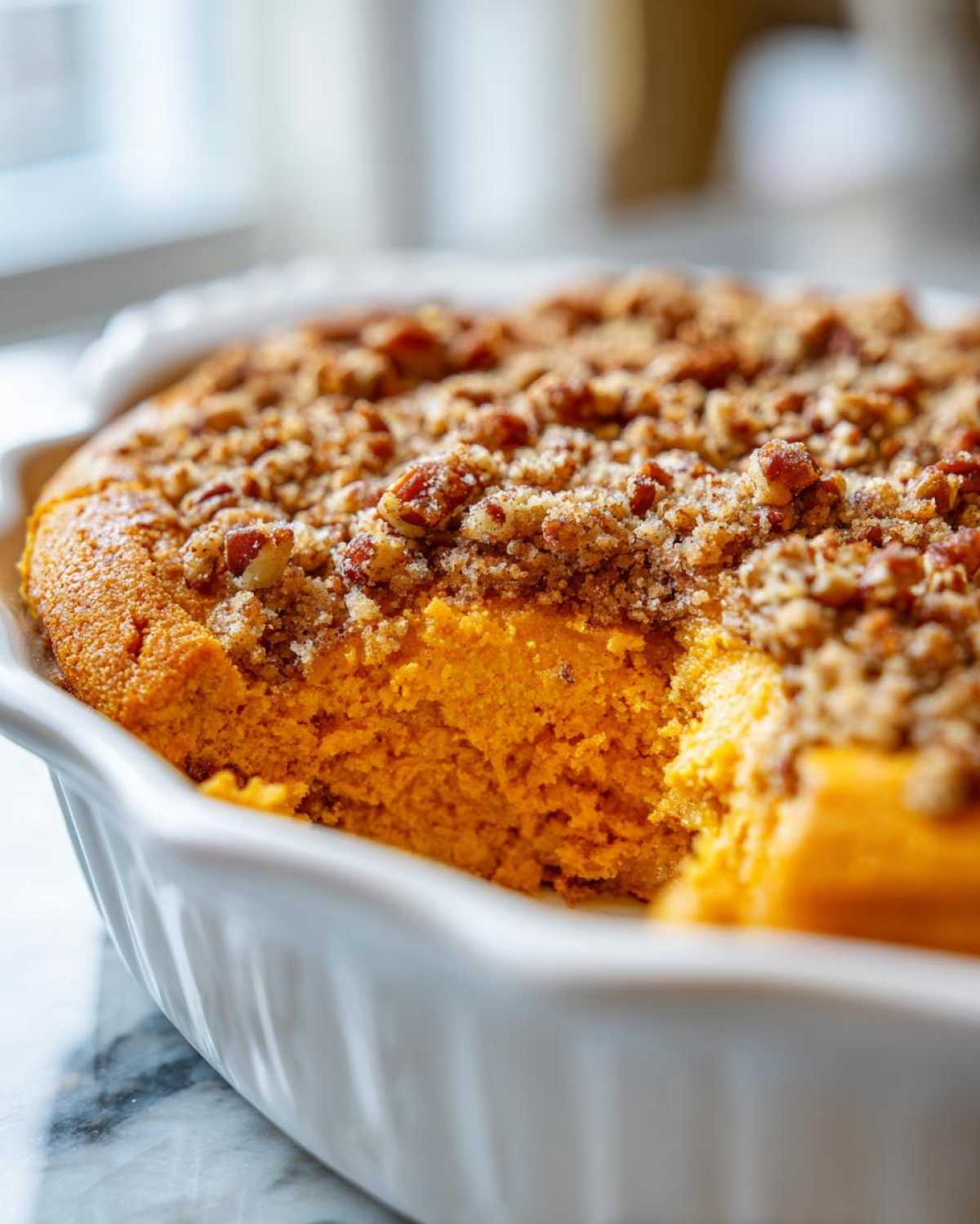 A close-up of a vibrant orange sweet potato souffle in a white baking dish with a crunchy pecan crumble topping.