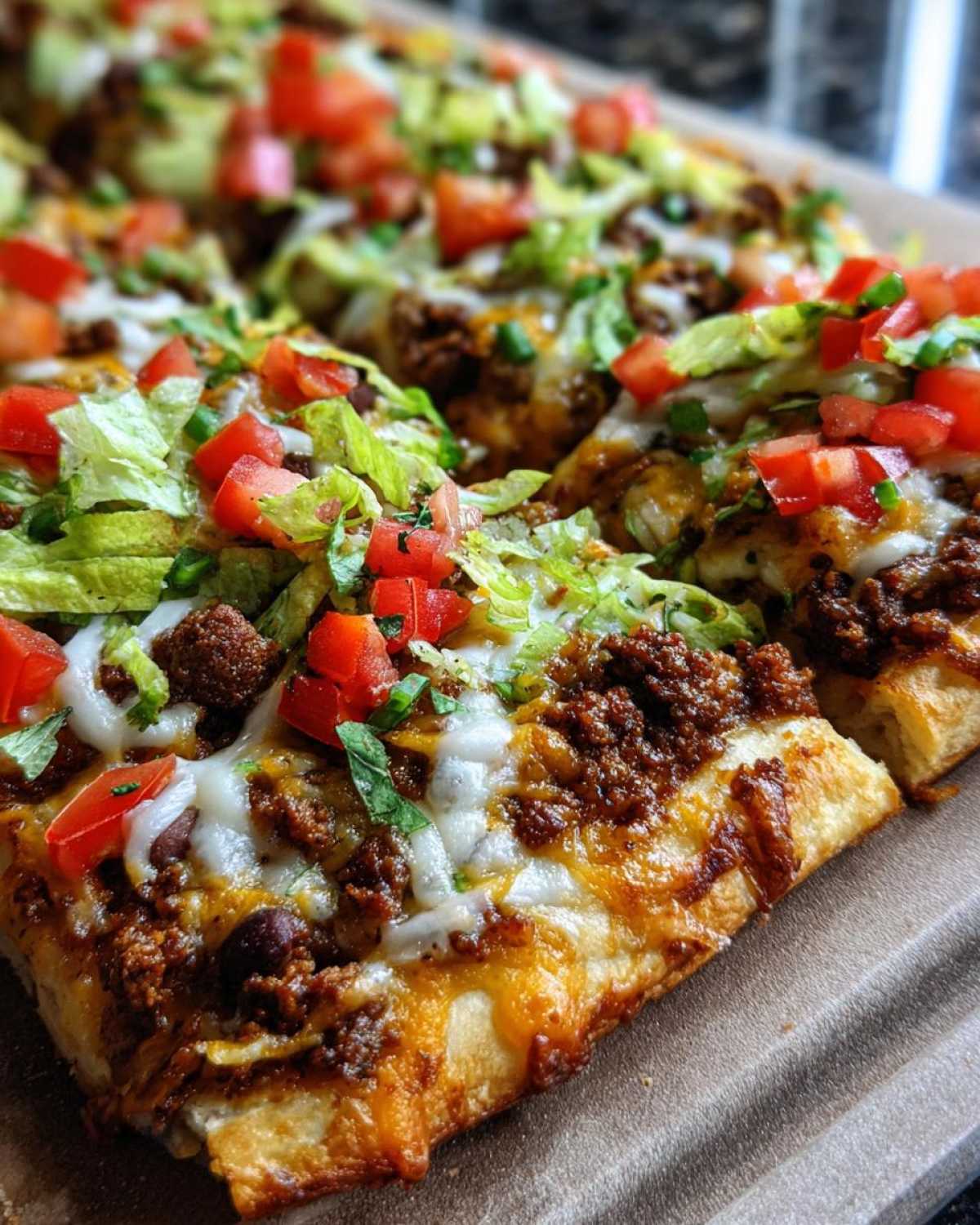 Close-up of freshly baked taco pizza slices topped with seasoned ground beef, melted cheese, lettuce, and diced tomatoes.