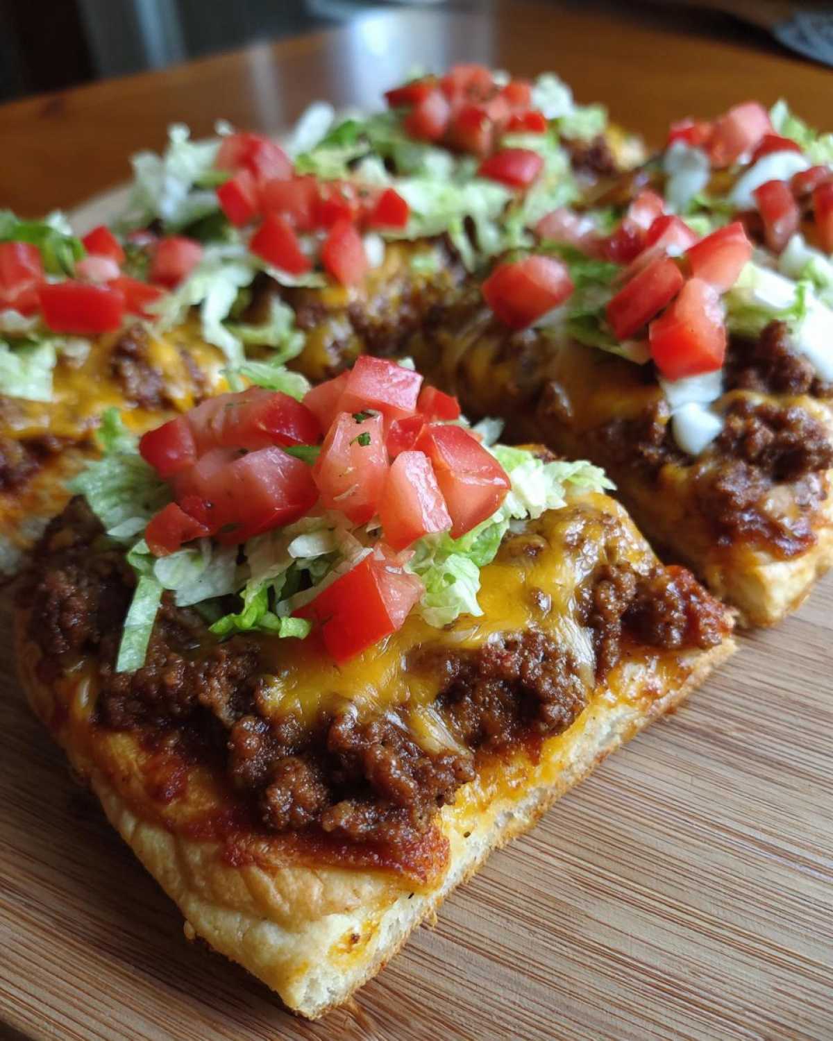 Close-up of a slice of amazing taco pizza topped with seasoned beef, melted cheese, lettuce, and diced tomatoes.