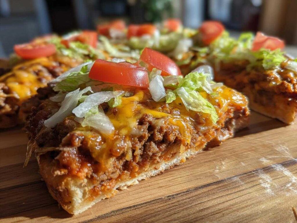 A thick slice of taco pizza featuring seasoned ground beef, melted cheddar cheese, lettuce, and tomato.