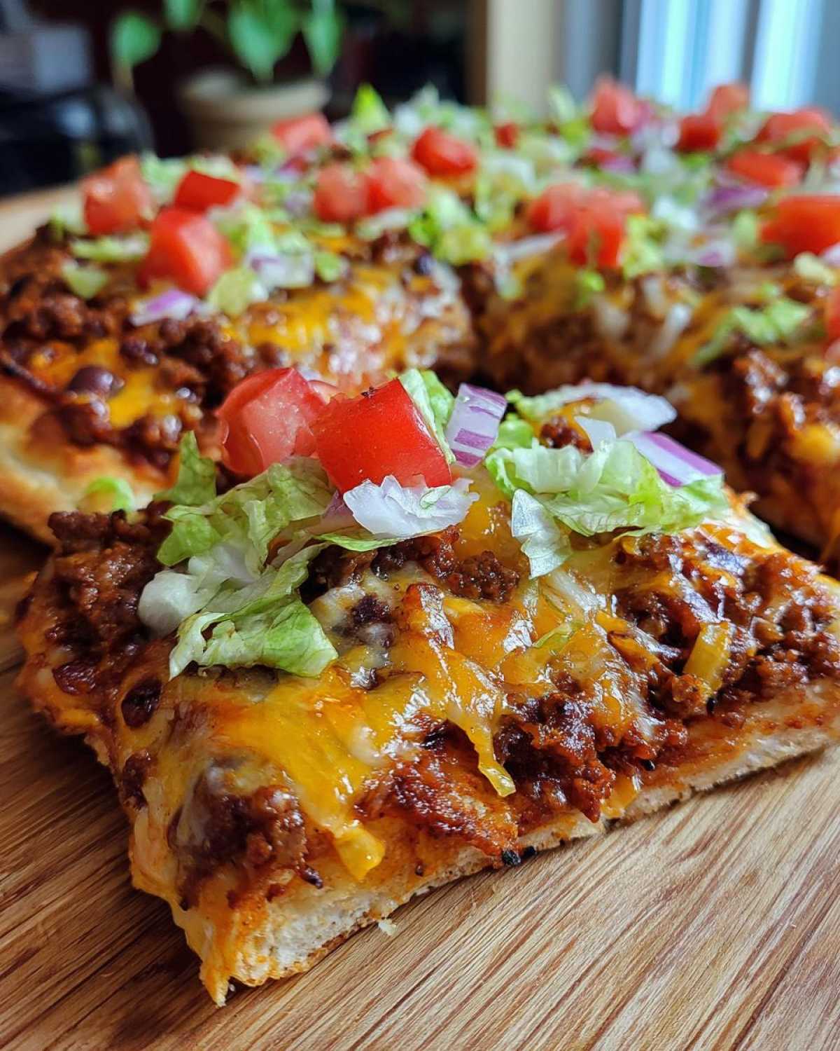 A close-up slice of delicious taco pizza showing seasoned beef, melted cheese, lettuce, tomatoes, and onions.