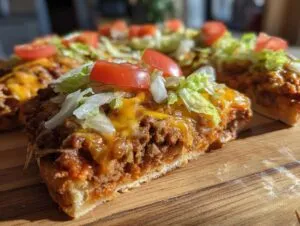 A thick slice of taco pizza featuring seasoned ground beef, melted cheddar cheese, lettuce, and tomato.