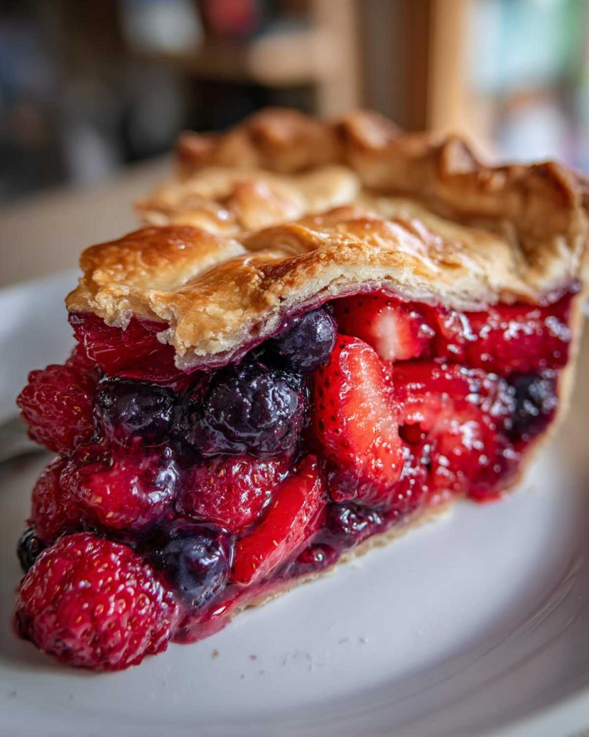 Close-up of a generous slice of triple berry pie showing strawberries, raspberries, and blueberries filling.