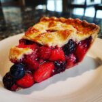 Close-up of a generous slice of triple berry pie showing strawberries, blueberries, and blackberries in a gooey filling.