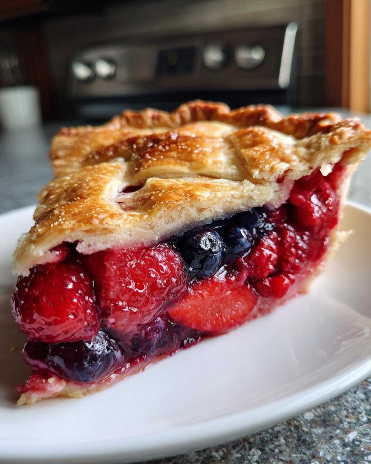 Close-up of a thick slice of triple berry pie showing juicy berries and a golden lattice crust.