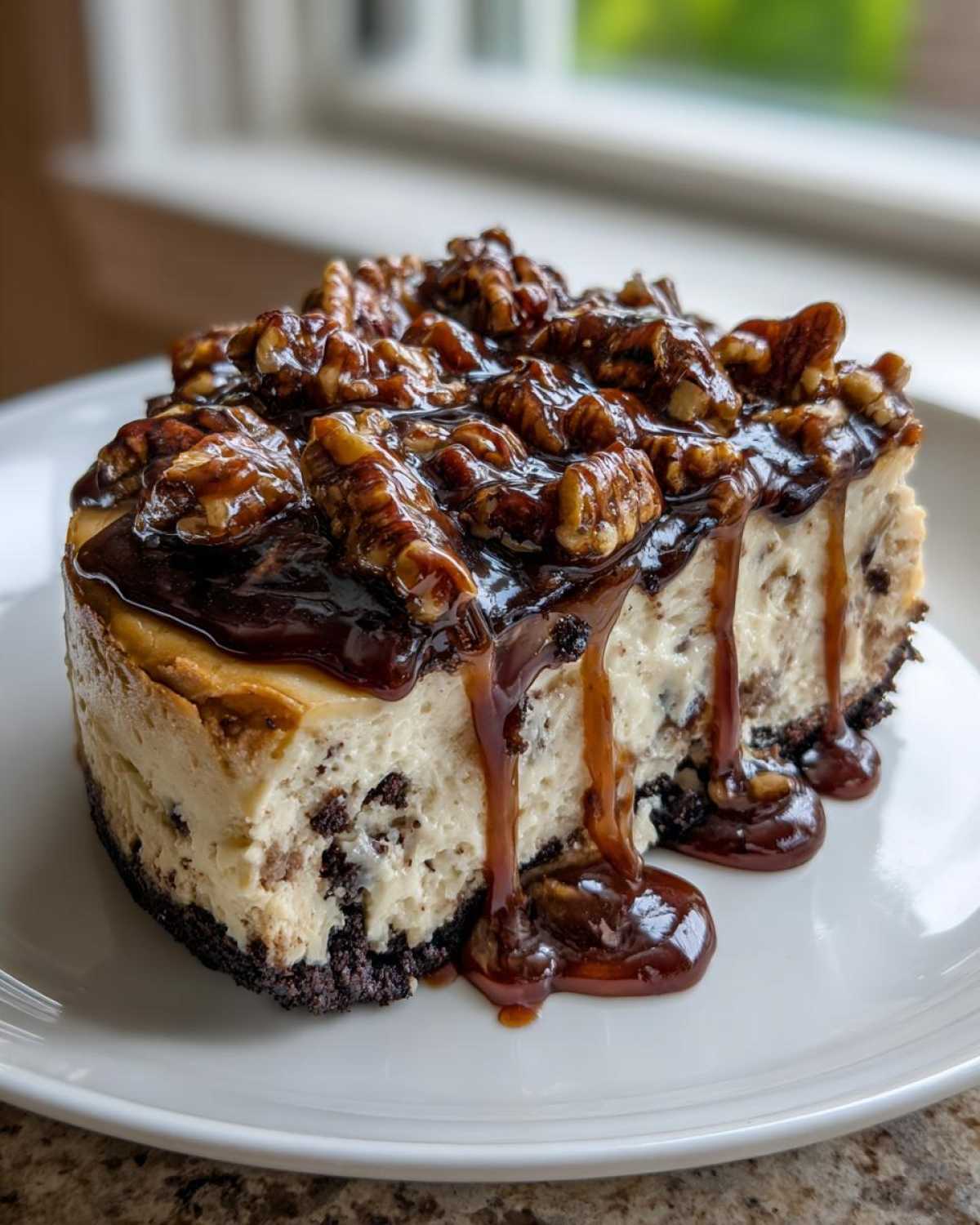 A rich slice of turtle cheesecake with a chocolate crust, creamy filling, and dripping caramel sauce topped with candied pecans.