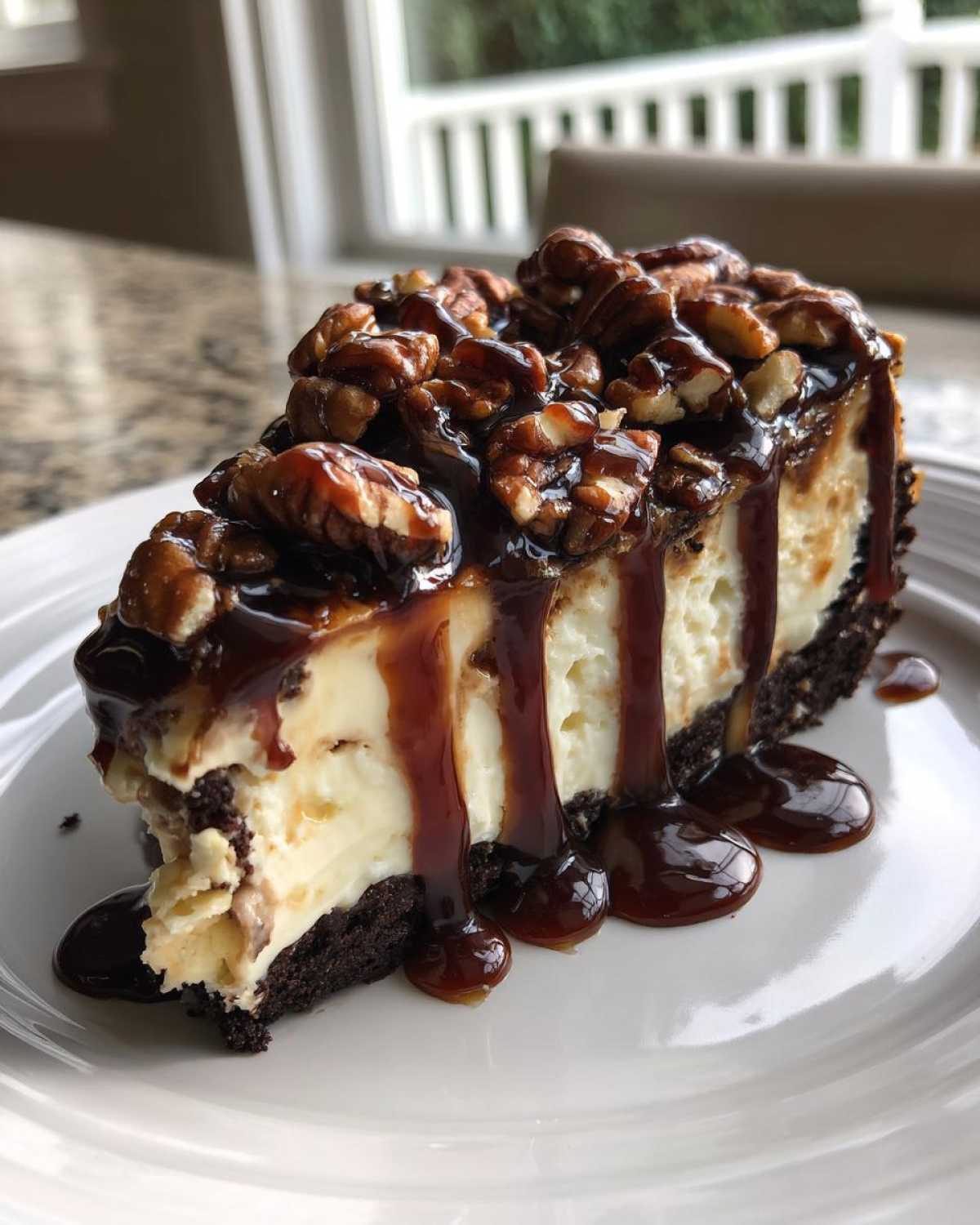 A close-up of a rich slice of turtle cheesecake with a dark crust, creamy filling, and dripping caramel sauce over pecans.