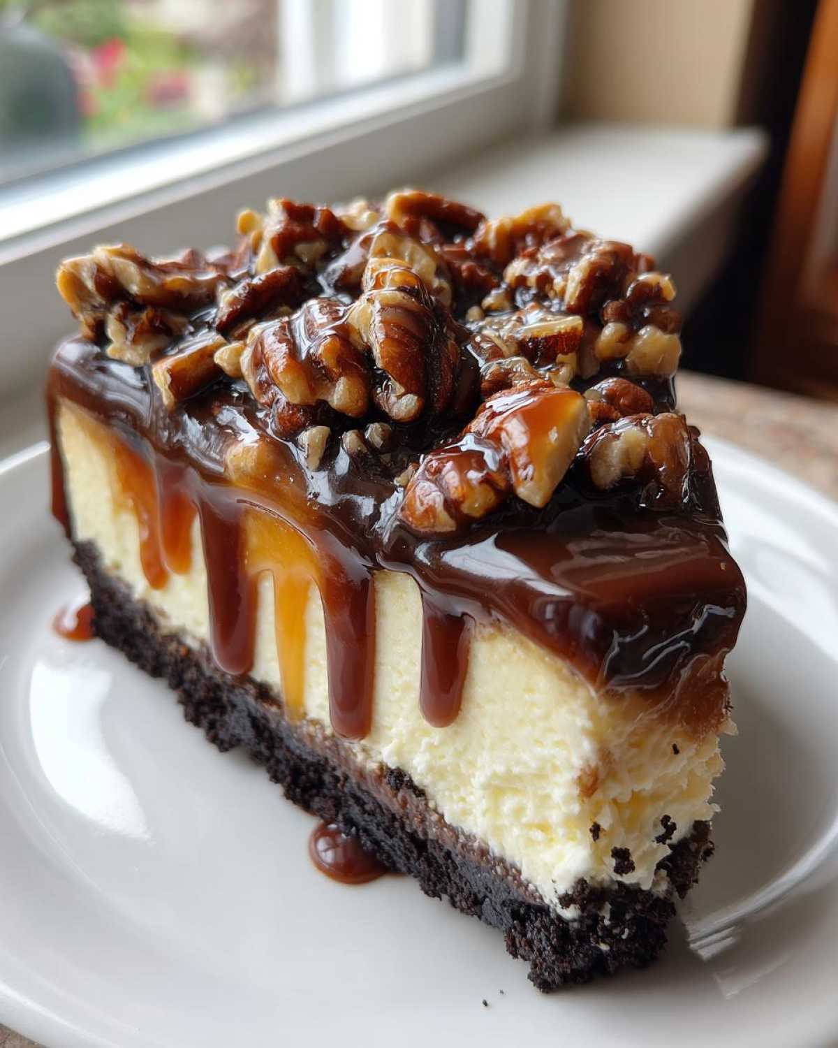 A perfect slice of turtle cheesecake featuring a dark crust, creamy filling, caramel, chocolate drizzle, and candied pecans.