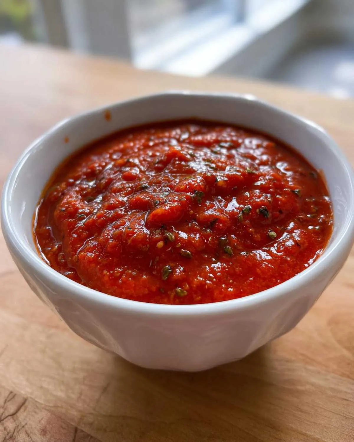 Close-up of a white bowl filled with rich, textured homemade pizza sauce seasoned with visible herbs.