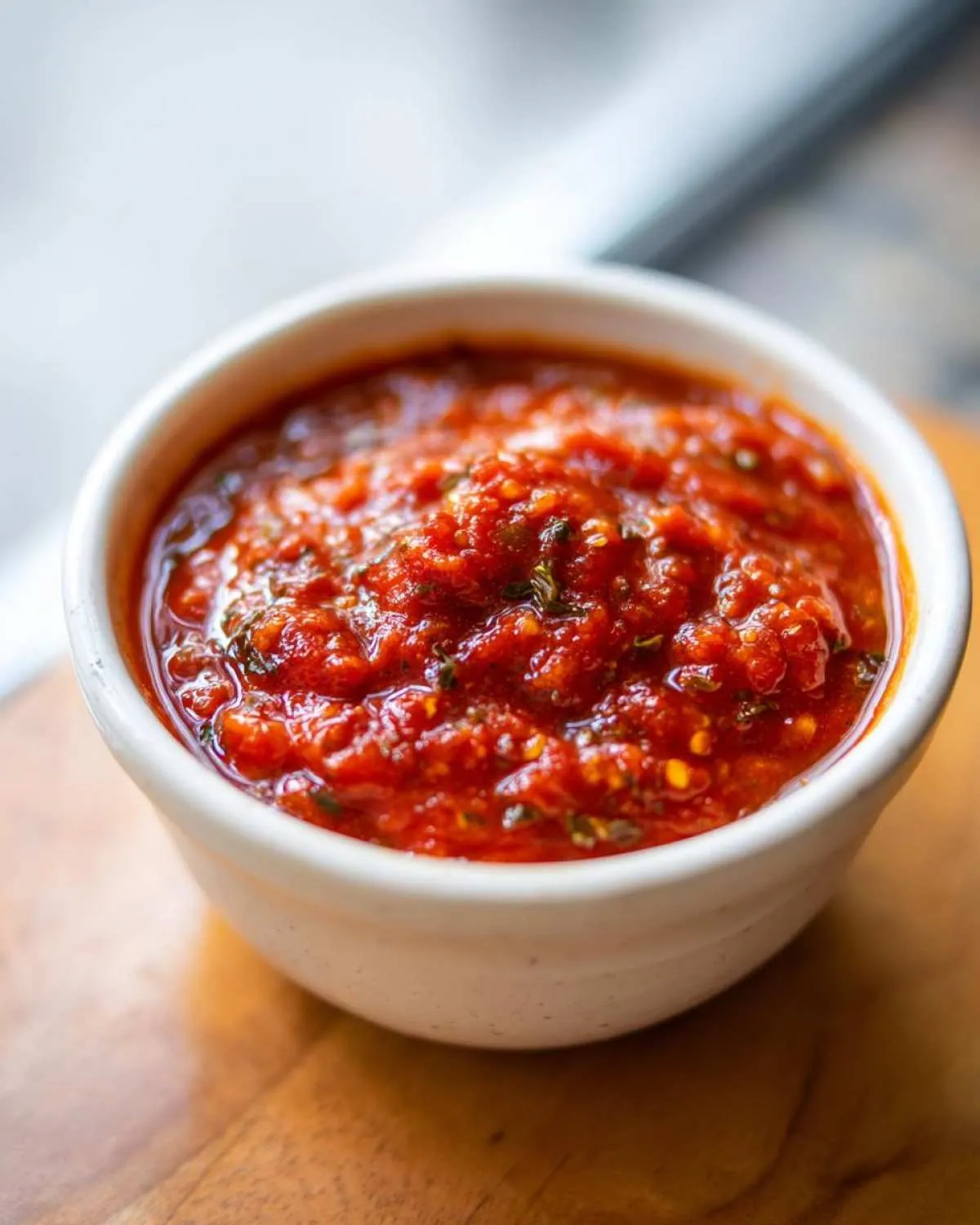 A small white bowl filled with rich, chunky homemade pizza sauce, seasoned with herbs.