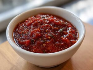 A close-up of rich, chunky homemade pizza sauce seasoned with herbs, served in a small white bowl.