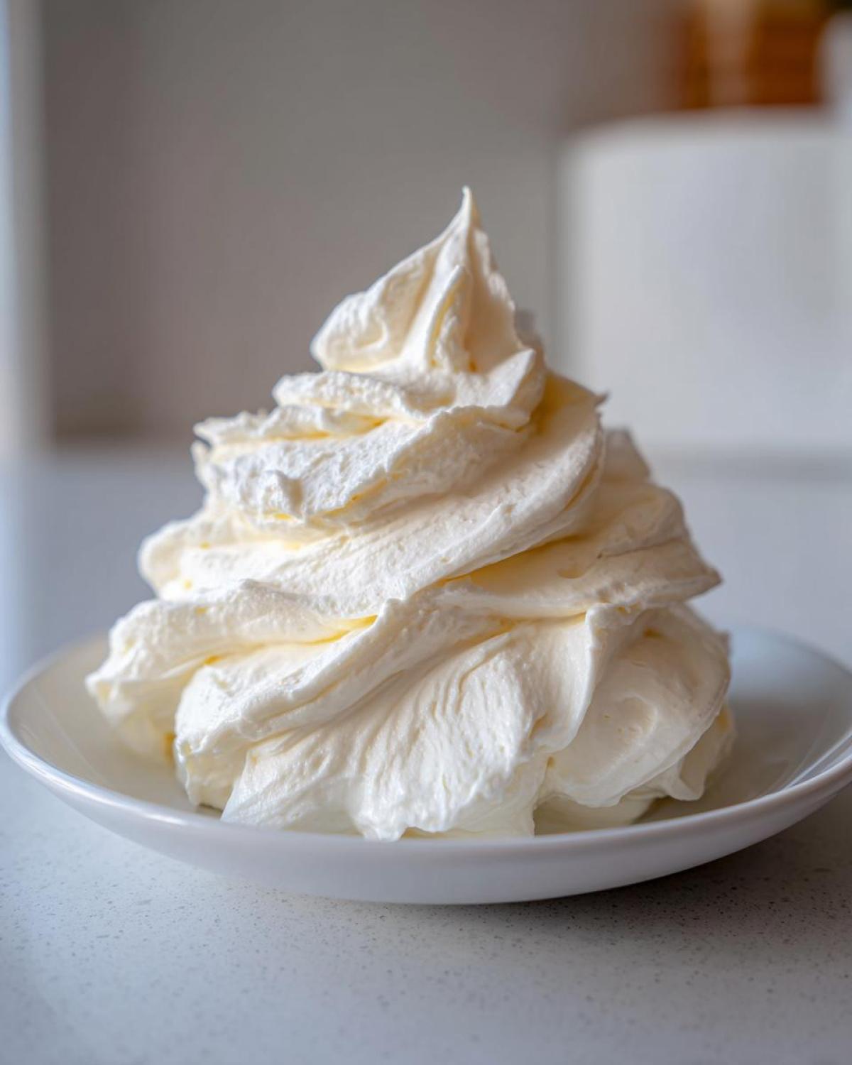 A tall, perfectly piped swirl of creamy white vanilla buttercream frosting in a small white bowl.